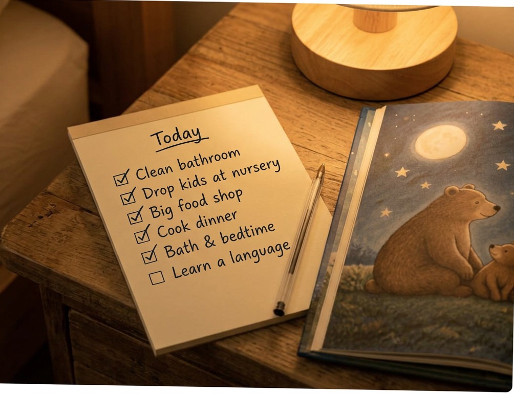 A parent's to-do list with every chore ticked off except learning a language