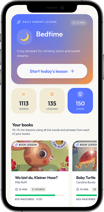 The Tildi home screen showing today's parent lesson and progress stats