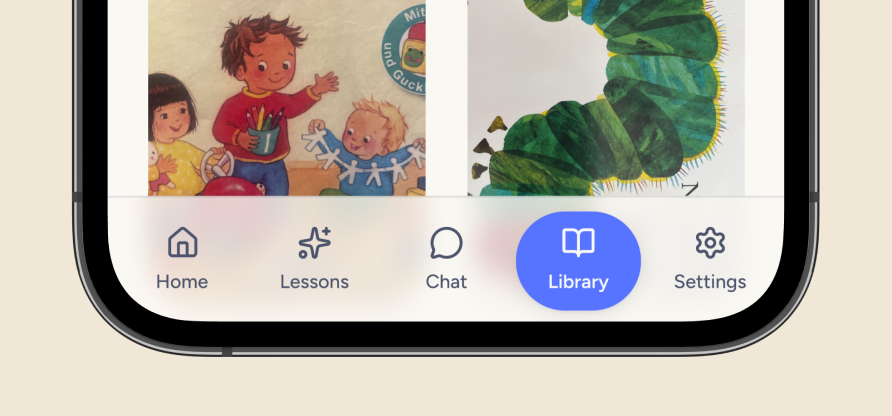 The Tildi bilingual reader showing a picture book page in two languages