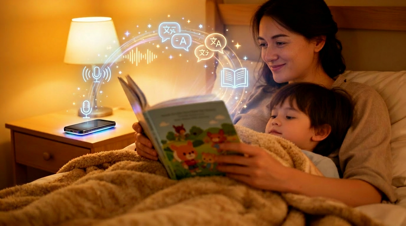 Parent reading a picture book to a child with the Tildi app on a phone nearby