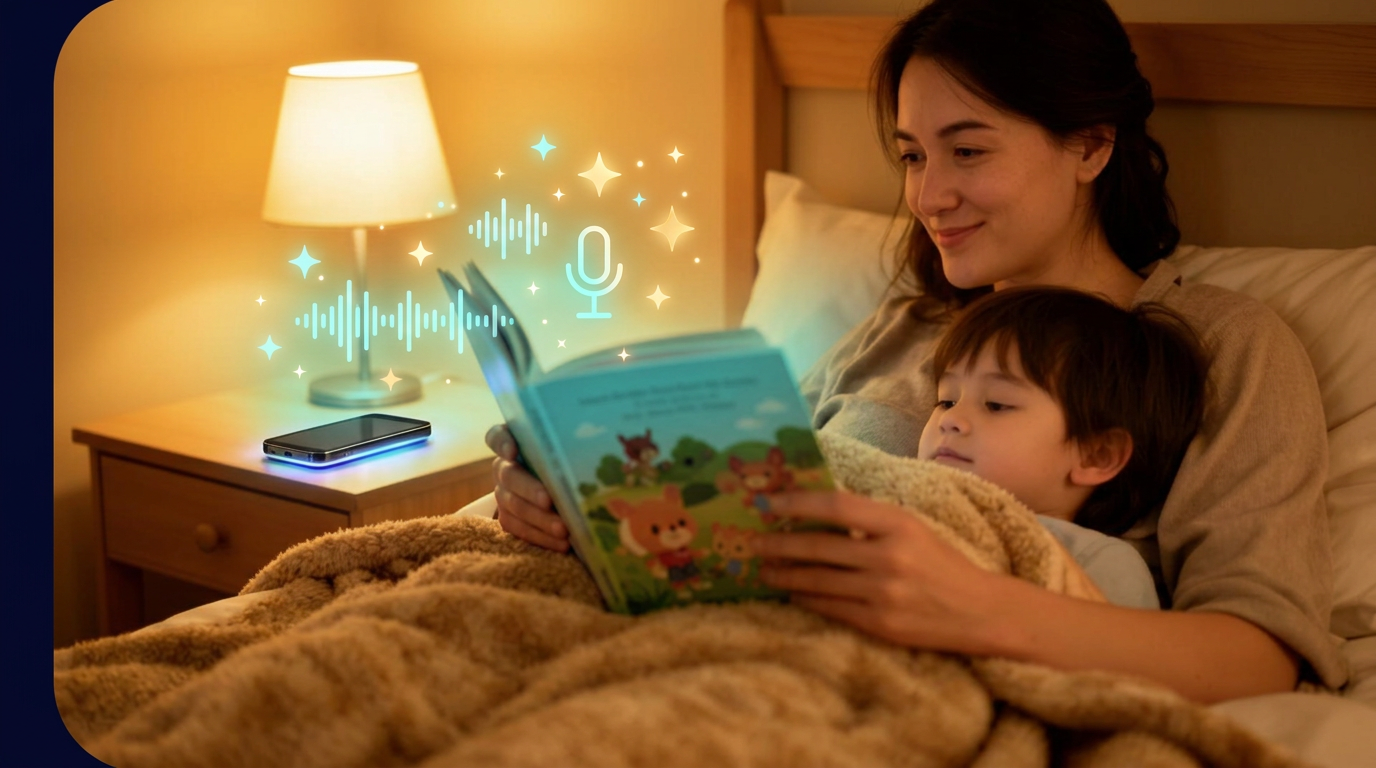 A parent reading a bedtime book with their child while Tildi listens from the nightstand